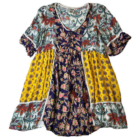 Lilka Anthropologie Patchwork Trapeze Flowy Short Boho Dress Size Large - Picture 1 of 11